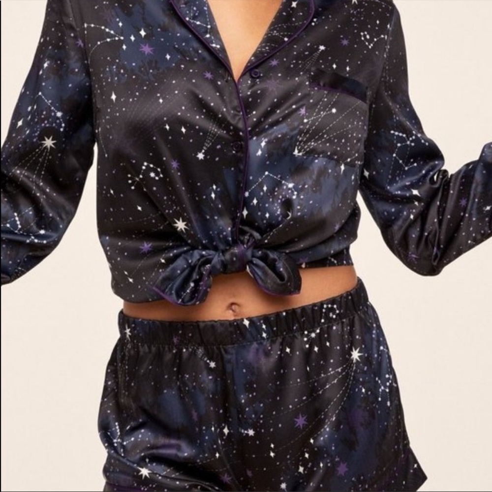Adore Me Black & Purple Satin Star Medium Long Sleeve & Shorts Pajamas Celestial